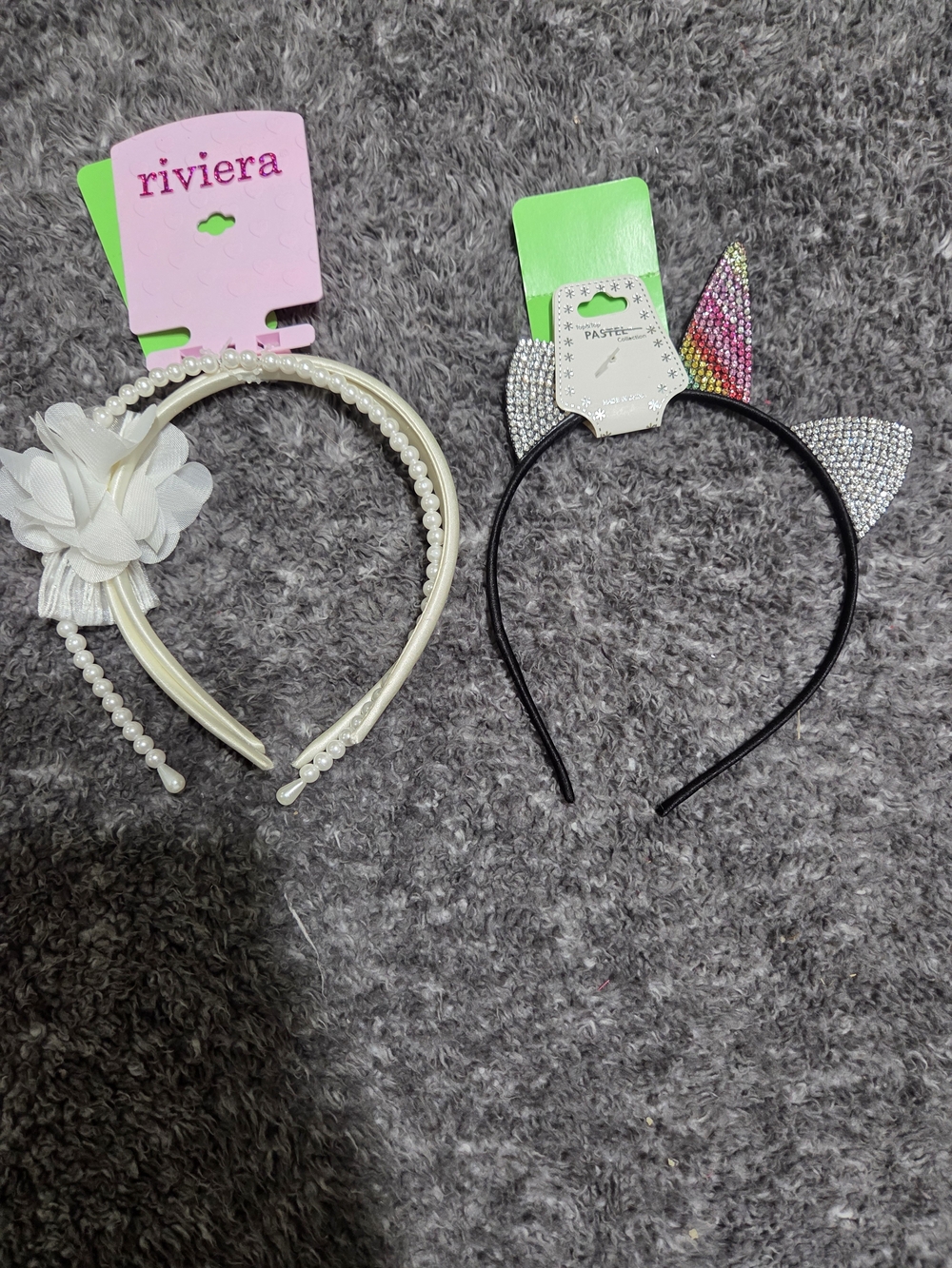 Riviera White Pearl Flower Headband & Black Unicorn Rhinestone Cat Ear Headband